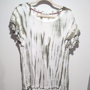 Knox Rose Olive and White Tie-Dye Ruffle Sleeve Short Sleeve Top